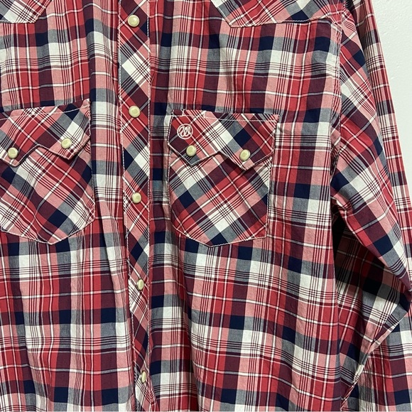 Wrangler Retro Plaid Pearl Snap Men's Western Shirt Red White Navy Large Cotton - Picture 5 of 5